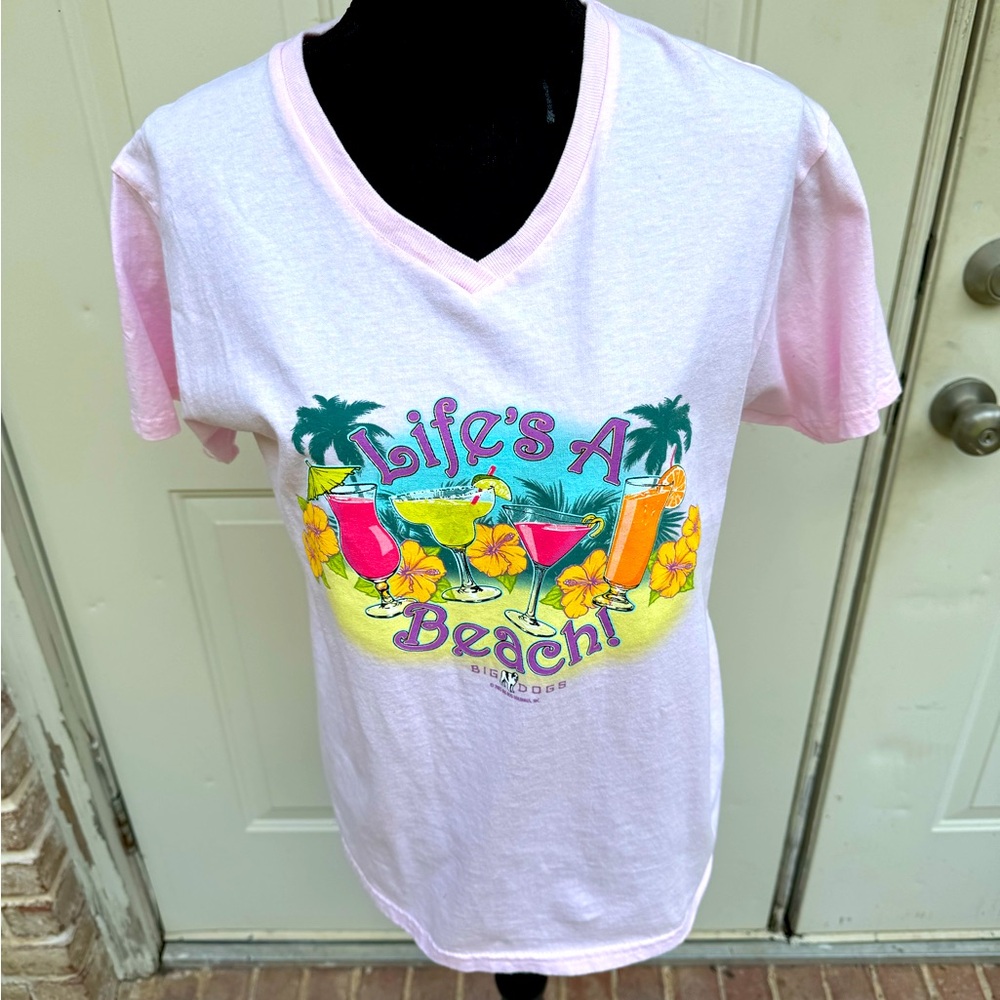 Life’s A Beach, Big Dogs, V-neck, Short Sleeve, Pink, Size M